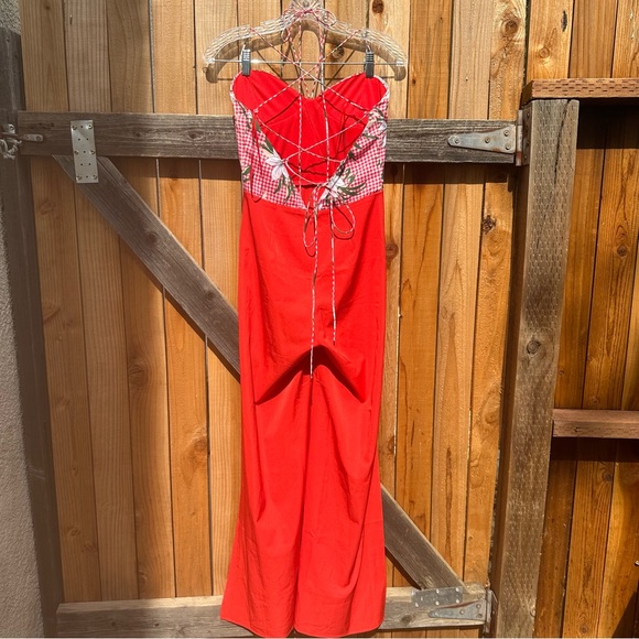 Clara Story Red Strappy Bustier Wide Leg Jumpsuit Floral Gingham Print Top Small - Picture 4 of 8